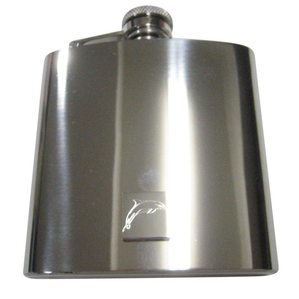 Silver Toned Square Etched Dolphin 6oz Flask